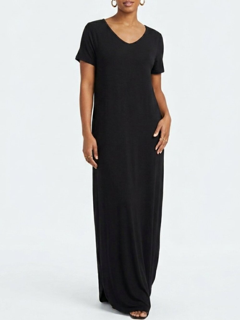 Grecerelle Black Rayon V-Neck T-Shirt Maxi Dress Size L Large